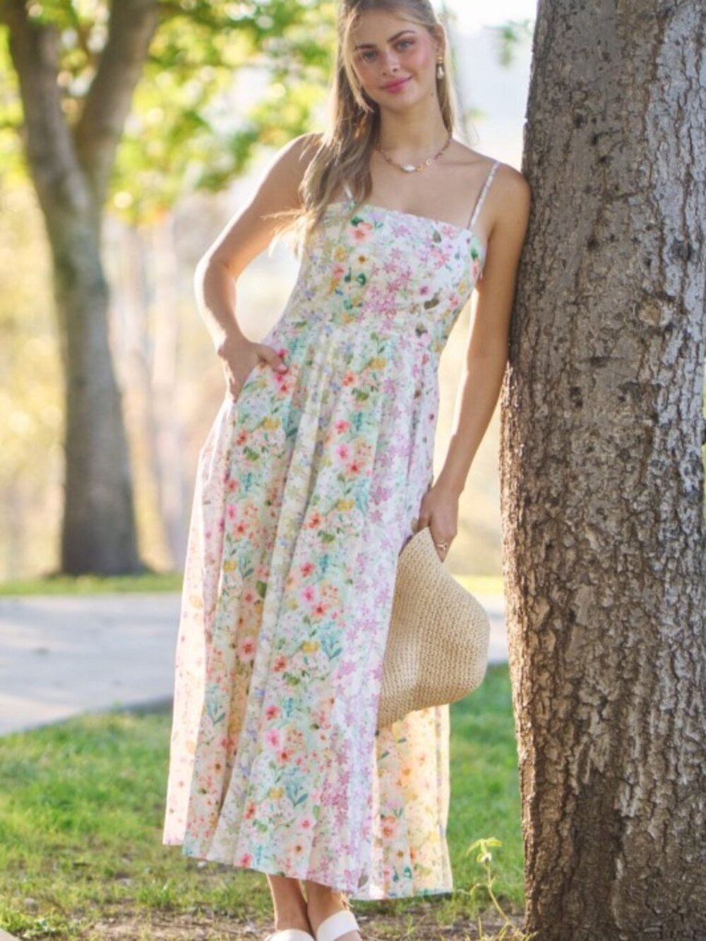 Mixed Floral Midi Dress Spaghetti Strap Pastel Print Medium - Picture 4 of 14